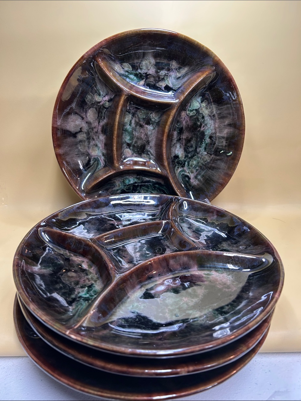Vintage Beauce Pottery Beauceware 4 Fondue/Sushi Plates Green Brown  Drip Glaze